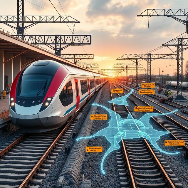 A futuristic rail revolution in Astana: Cutting-edge driverless trains from China, sleek and automated, arrive at a modern station under construction. Workers lay tracks and install sensors while digital displays count down to the September 2025 test launch. A CRRC Tangshan factory scene shows the production of the 19 four-section trains (each capacity: 650 passengers), with robotic arms assembling components. Contrasting this, a split-screen reveals aging Kazakh rail infrastructure—crumbling tracks and outdated signals—highlighting the challenge of expanding beyond Astana’s 200km radius. A glowing map overlays planned routes with warning labels: 'Decades of neglect,' 'Safety upgrades required.' The atmosphere blends optimism (shiny trains) and urgency (construction crews racing against time).