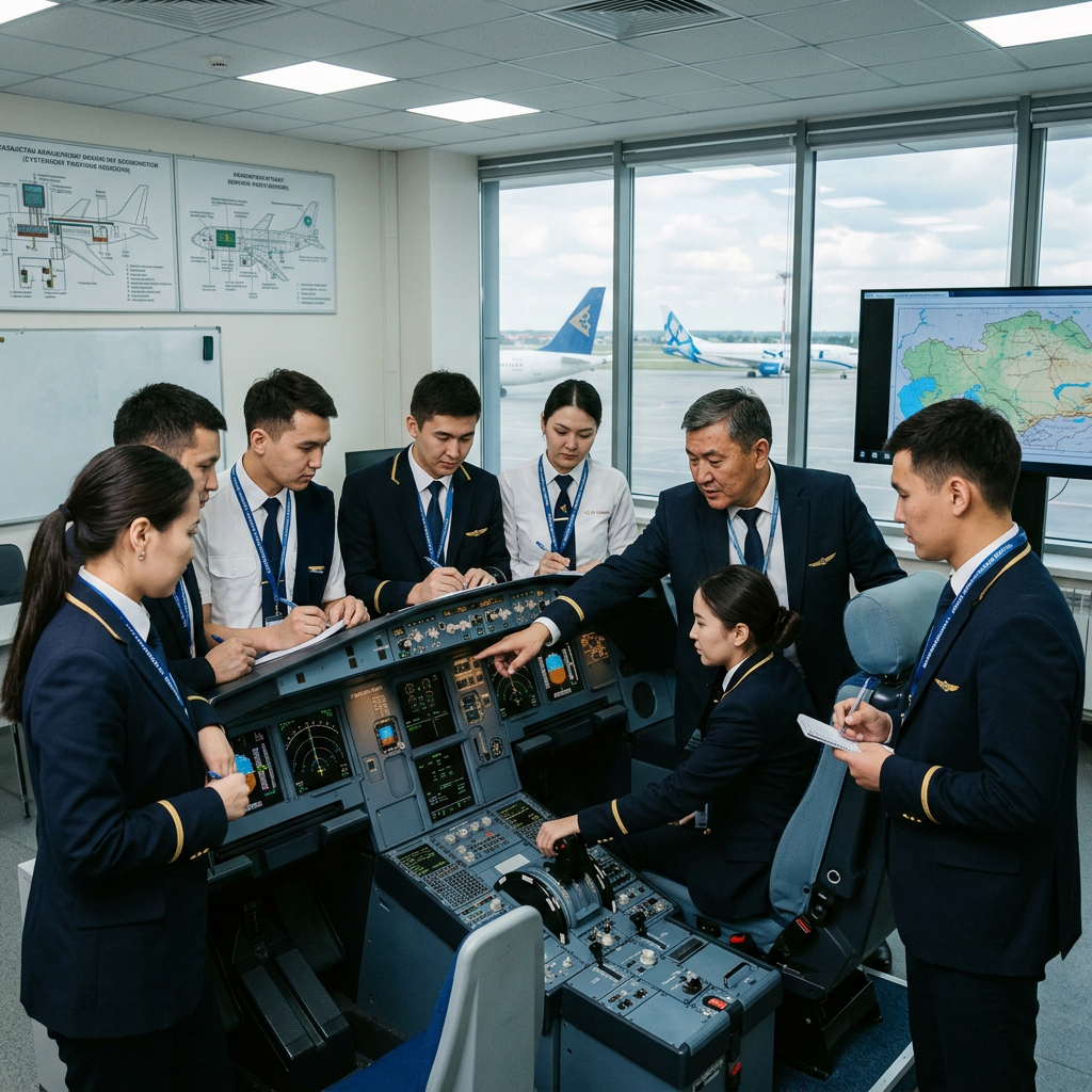 Group of trainee pilots and instructor around a flight simulator cockpit during a training session