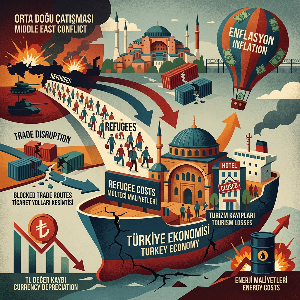 Diagram showing Middle East conflict causing refugees, trade disruptions, energy costs, tourism losses, and inflation affecting Turkey's economy